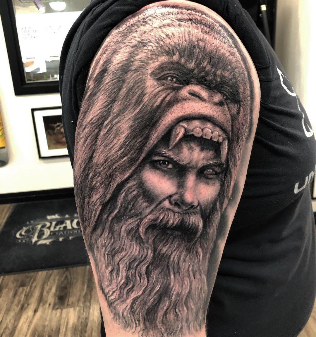 Hunter with Gorilla Headdress Tattoo by Steve Hayes at Black Gold Tattoo Co in Edmonton Alberta Canada
