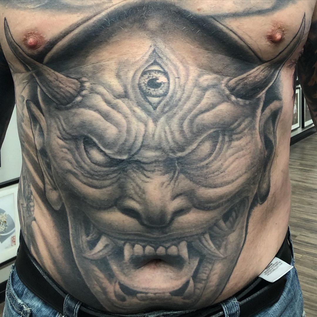 Hannya Mask Tattoo by Steve Hayes at Black Gold Tattoo Co in Edmonton Alberta Canada