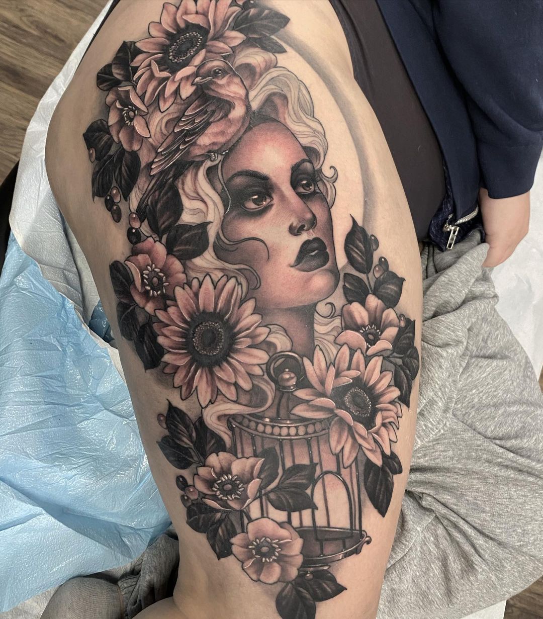 Lady, Bird and Floral Tattoo by Sasha Day at Black Gold Tattoo Co in Edmonton Alberta Canada