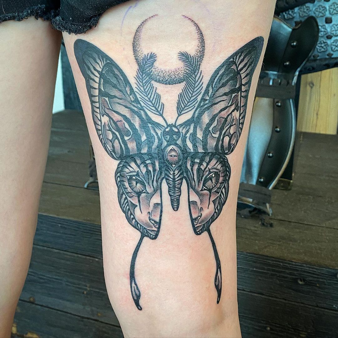 Moth Tattoo by Dale Moostoos at Crimson Empire Tattoo in Edmonton Alberta Canada
