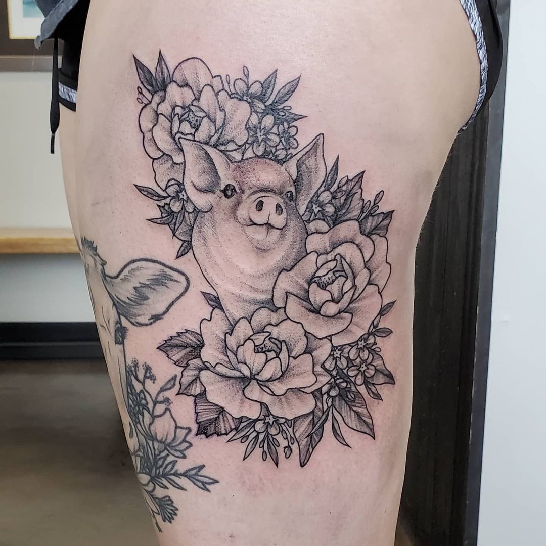 Pig and Floral Tattoo by Adrienne Alexander at Crimson Empire Tattoo in Edmonton Alberta Canada