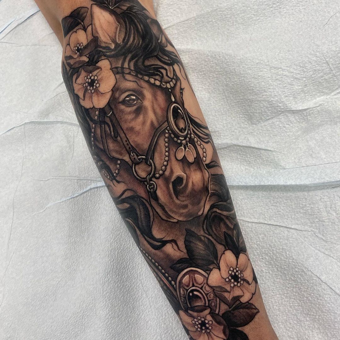 Horse and Floral Tattoo by Sasha Day at Black Gold Tattoo Co in Edmonton Alberta Canada