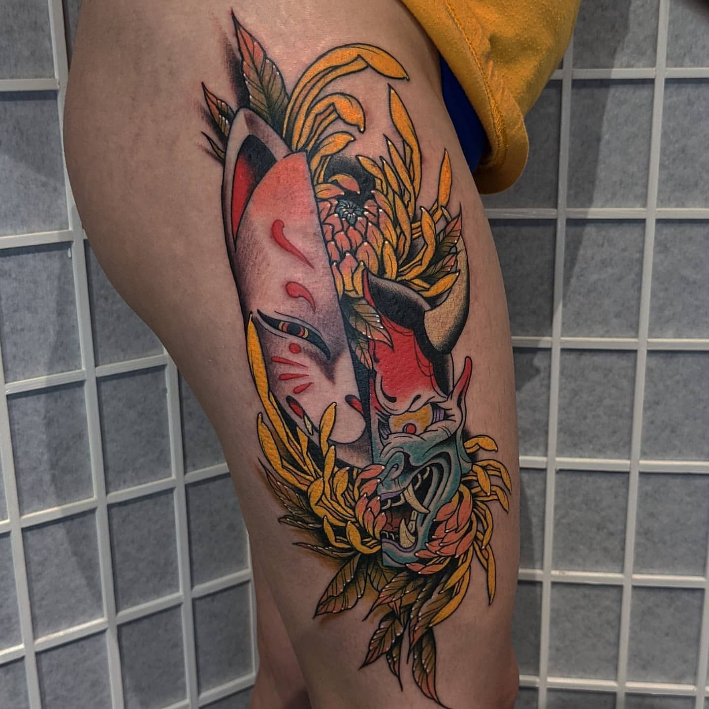 Hannya, Kitsune and Chrysanthemum Tattoo Chris Benson at Silver Ghost Tattoo in Edmonton Alberta Canada