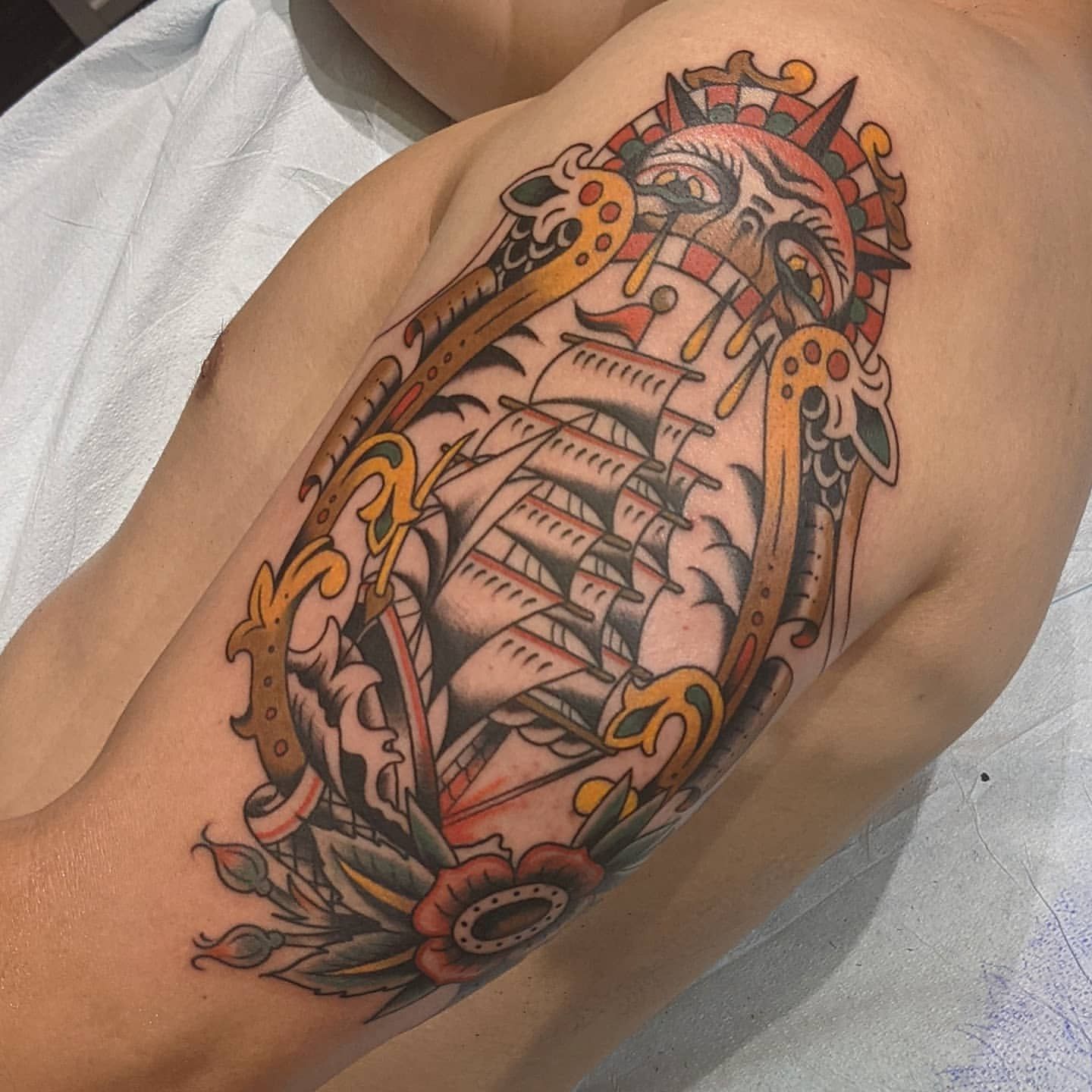 Ship Tattoo Chris Benson at Silver Ghost Tattoo in Edmonton Alberta Canada