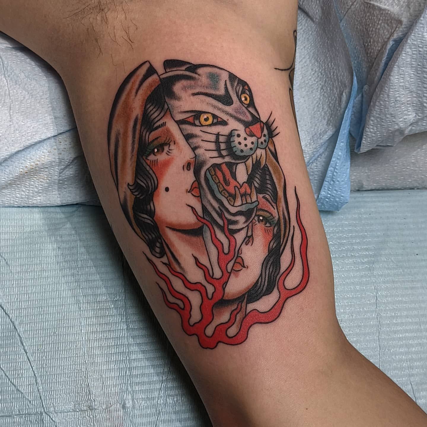 Panther and Lady Split Tattoo Chris Benson at Silver Ghost Tattoo in Edmonton Alberta Canada