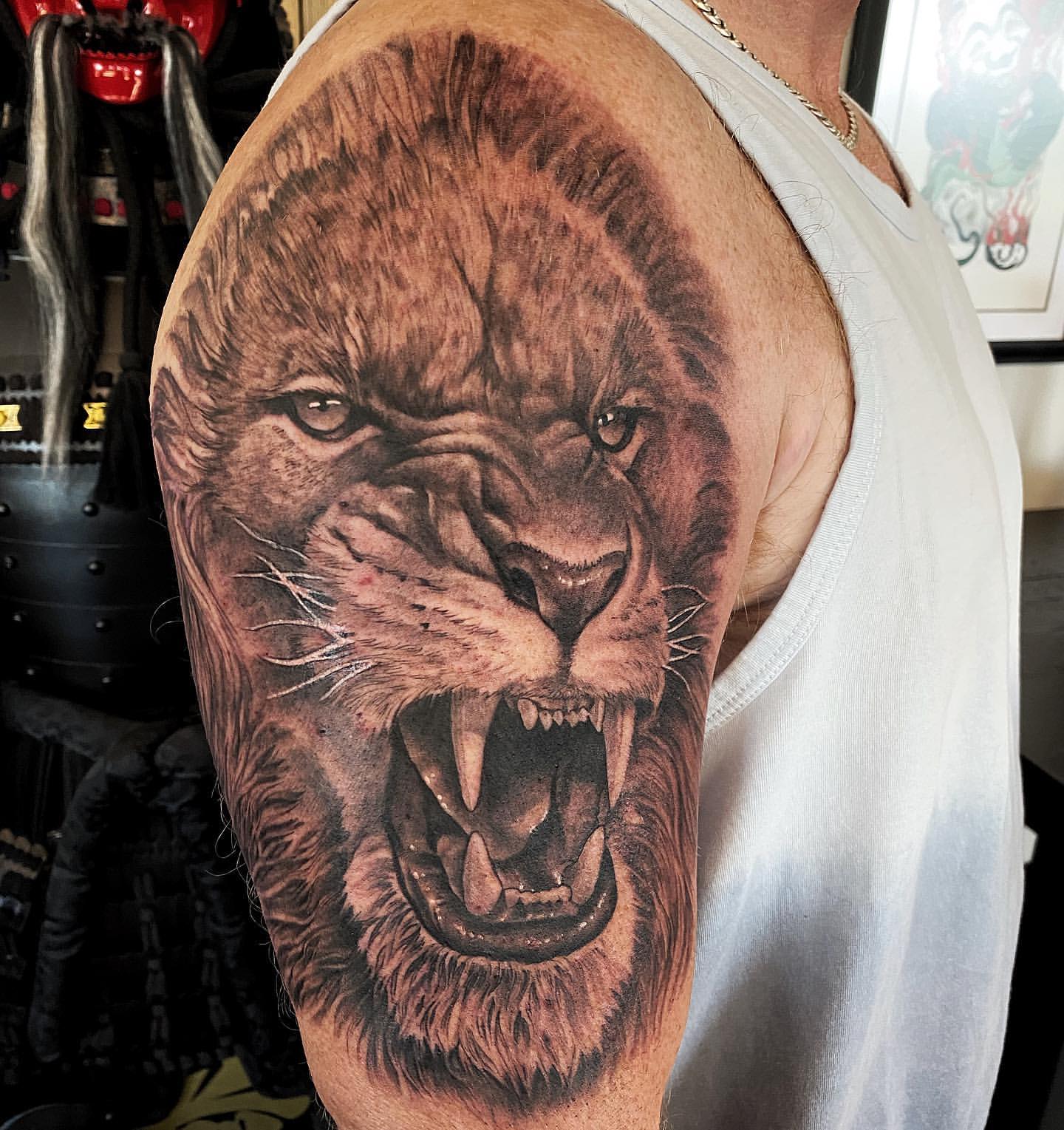 Lion Tattoo by Chad Lavers at Crimson Empire Tattoo in Edmonton Alberta Canada