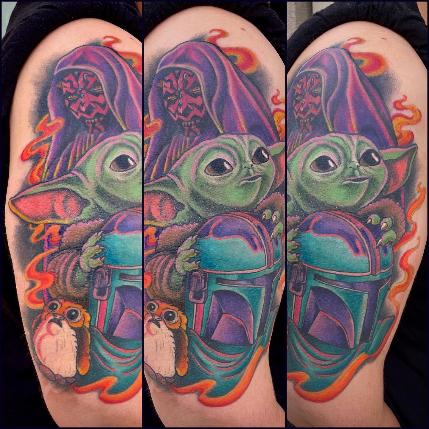 Baby Yoda Star Wars Tattoo by Jess Alther at Black Gold Tattoo Co in Edmonton Alberta Canada