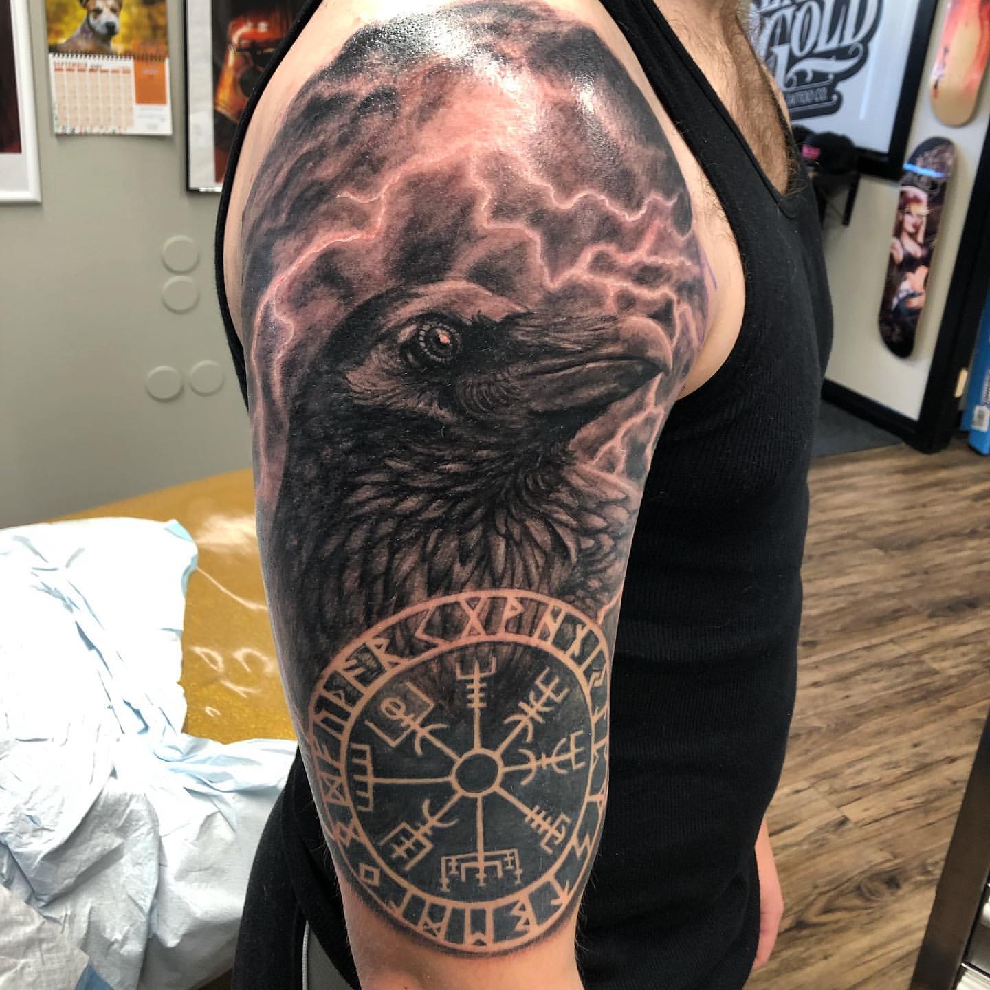 Raven and Sigil Tattoo by Steve Hayes at Black Gold Tattoo Co in Edmonton Alberta Canada