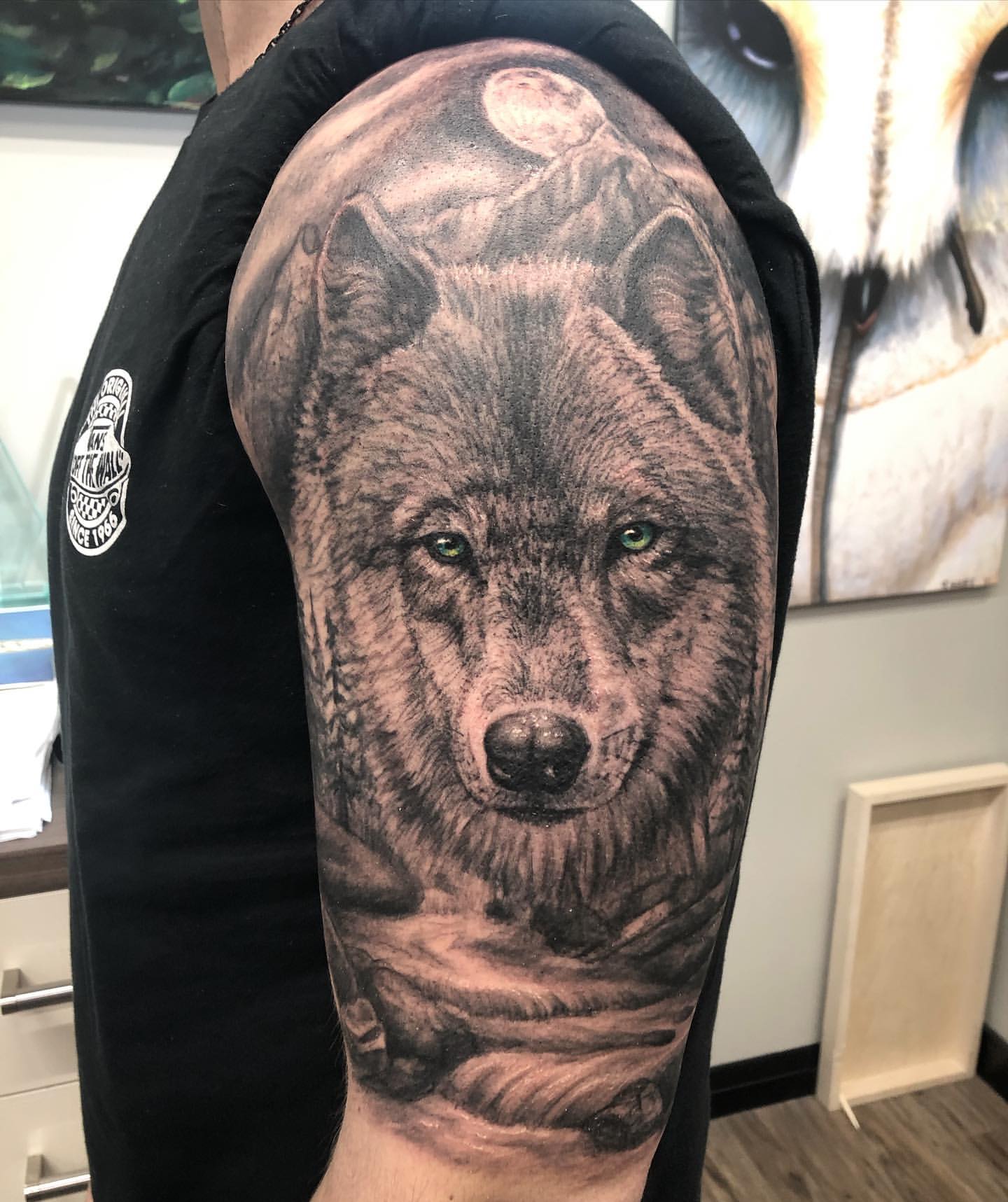 Wolf and Creek Tattoo by Steve Hayes at Black Gold Tattoo Co in Edmonton Alberta Canada