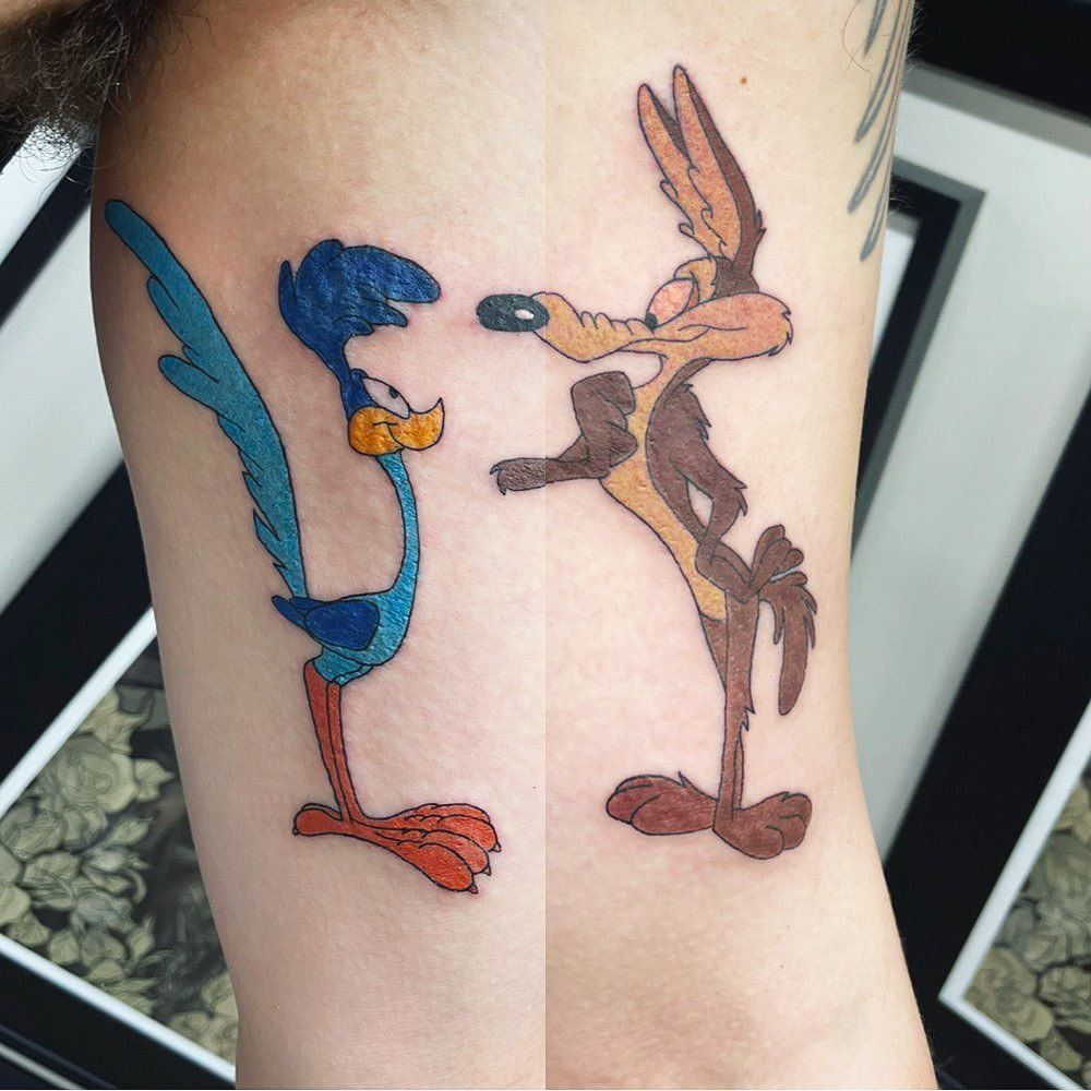 Roadrunner and Coyote Tattoo by Jess Alther at Black Gold Tattoo Co in Edmonton Alberta Canada