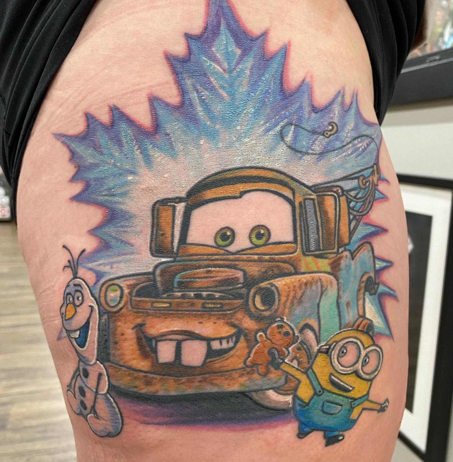Mater, Minion and Olaf Tattoo by Chris Labrenz at Black Gold Tattoo Co in Edmonton Alberta Canada