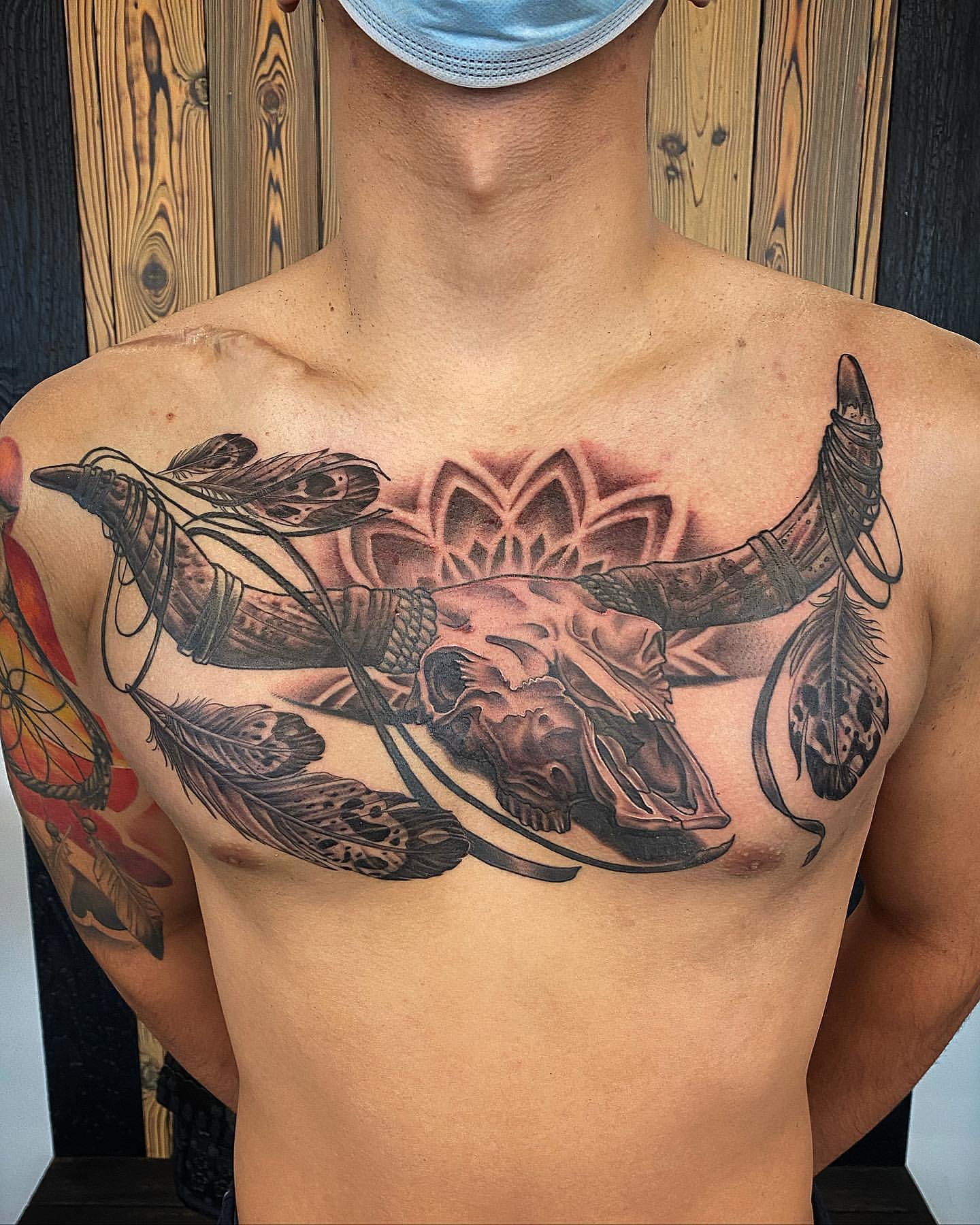 Bull Skull Tattoo by Dale Moostoos at Crimson Empire Tattoo in Edmonton Alberta Canada