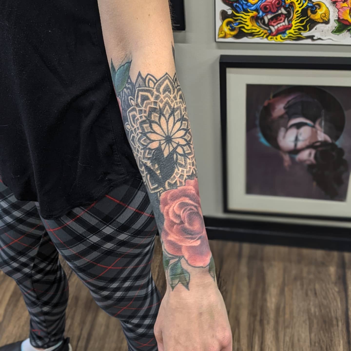 Geometric and Rose Tattoo by Amber Strange at Black Gold Tattoo Co in Edmonton Alberta Canada