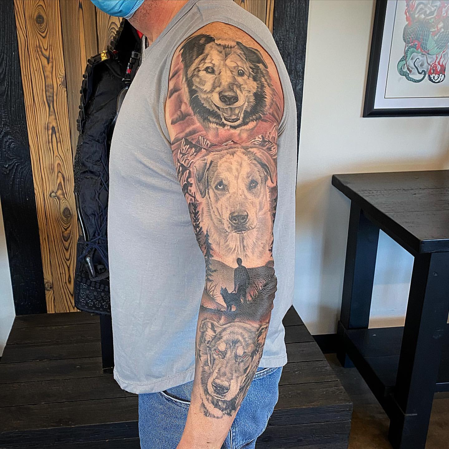Dog Portraits Sleeve by Dale Moostoos at Crimson Empire Tattoo in Edmonton Alberta Canada
