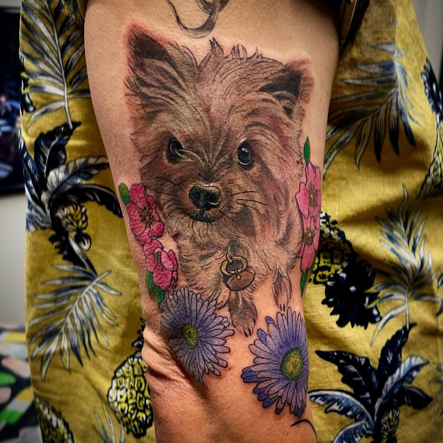Floral and Dog Portrait Tattoo by Jess Alther at Black Gold Tattoo Co in Edmonton Alberta Canada