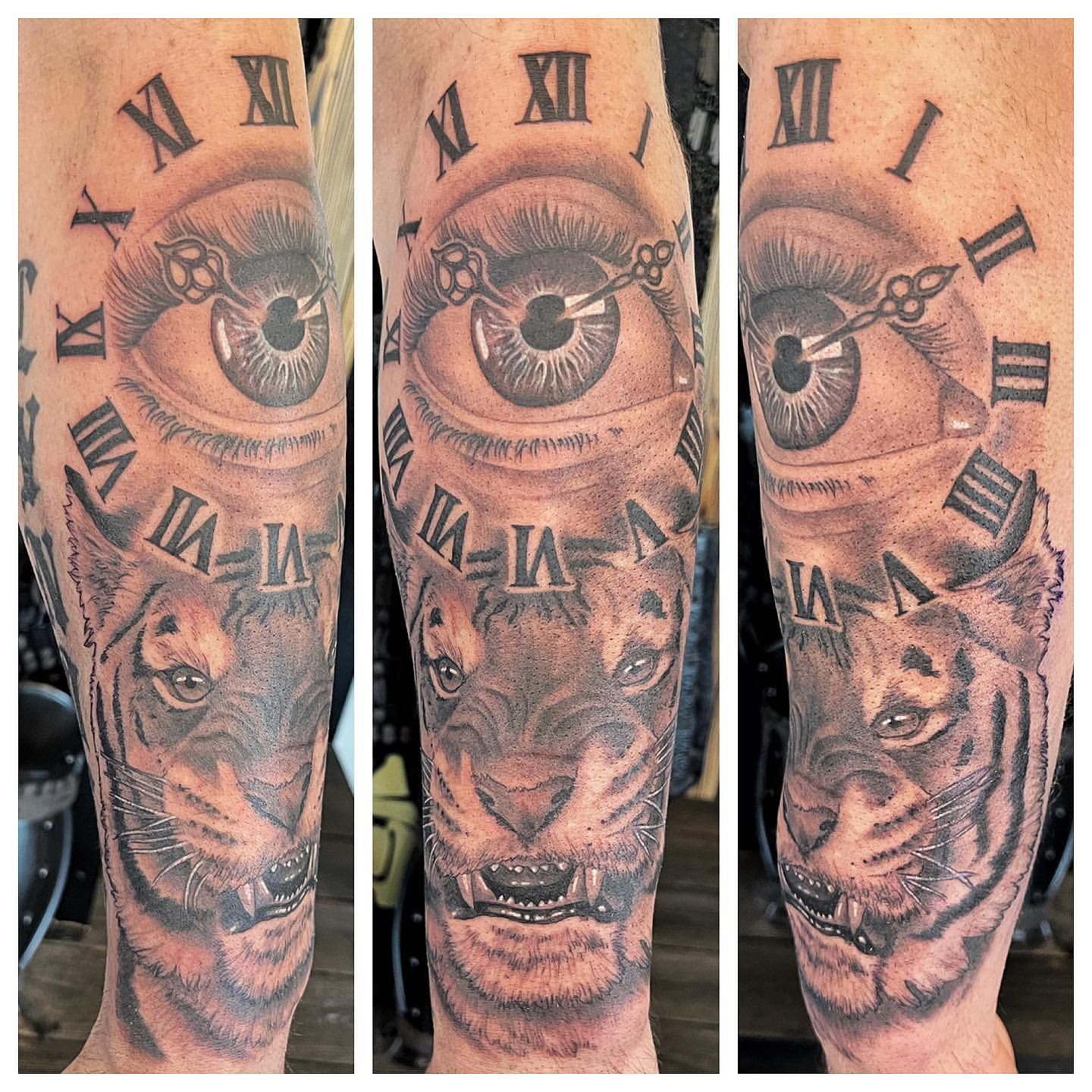 Tiger, Clock and Eye Tattoo by Chad Lavers at Crimson Empire Tattoo in Edmonton Alberta Canada