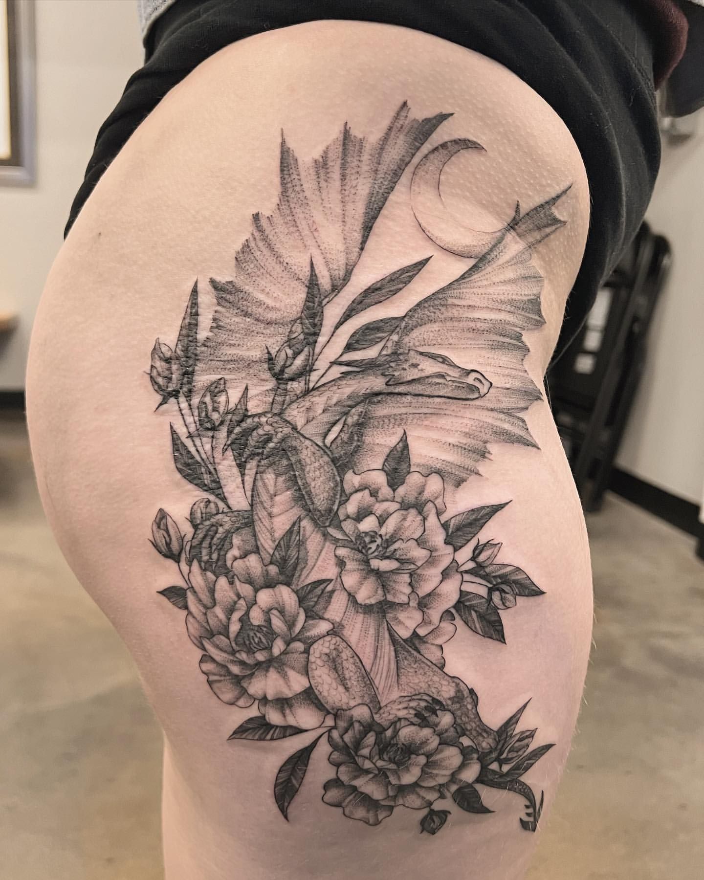 Dragon and Floral Tattoo by Adrienne Alexander at Silver Ghost Tattoo in Edmonton Alberta Canada