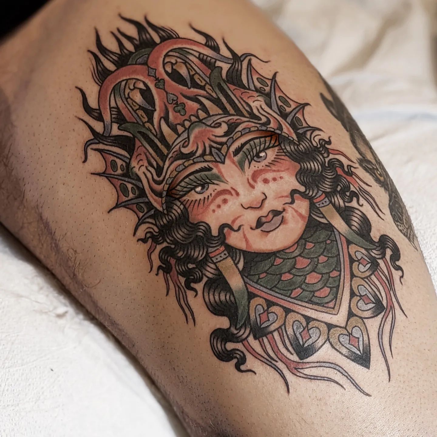 Devil and Lady Face Tattoo Chris Benson at Silver Ghost Tattoo in Edmonton Alberta Canada