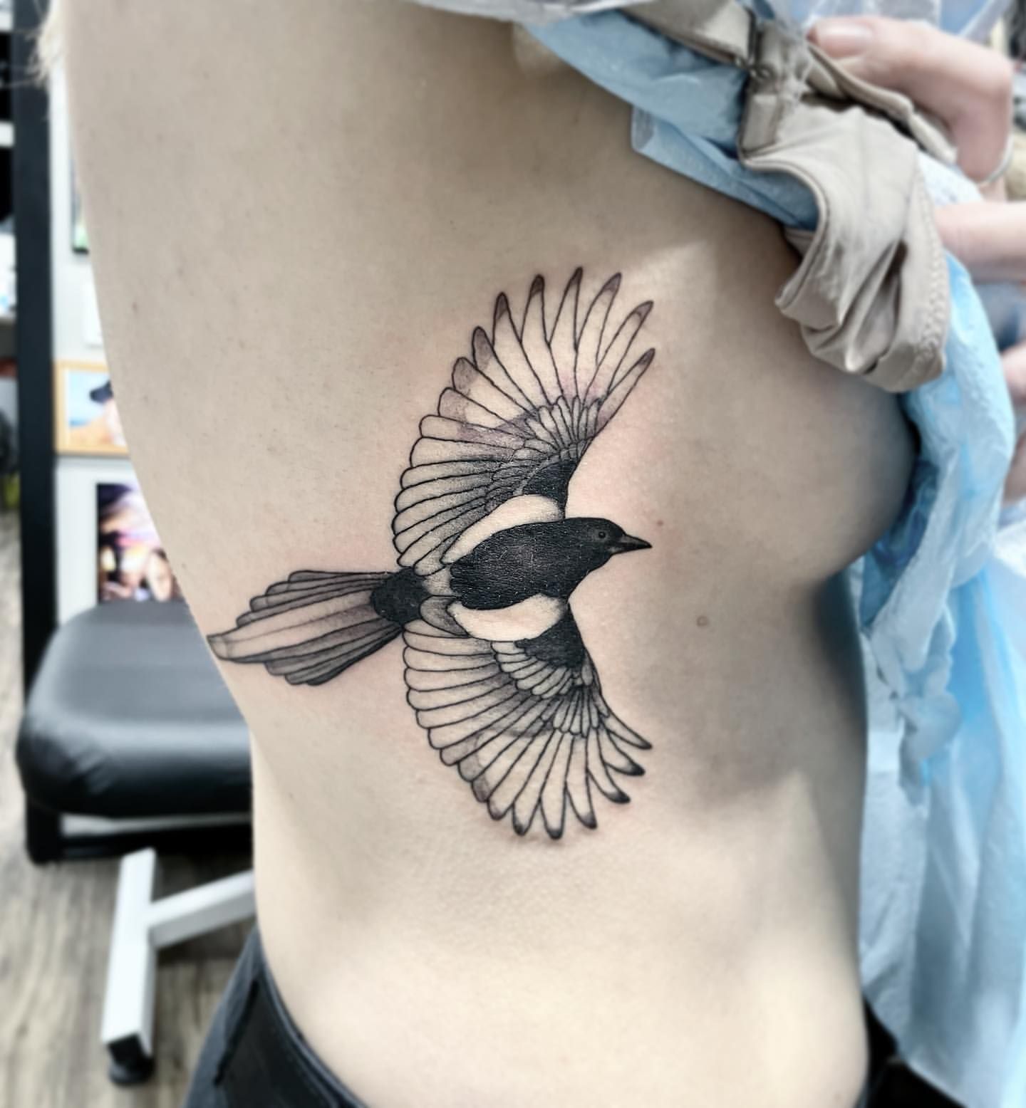 Magpie Tattoo by Jess Alther at Black Gold Tattoo Co in Edmonton Alberta Canada