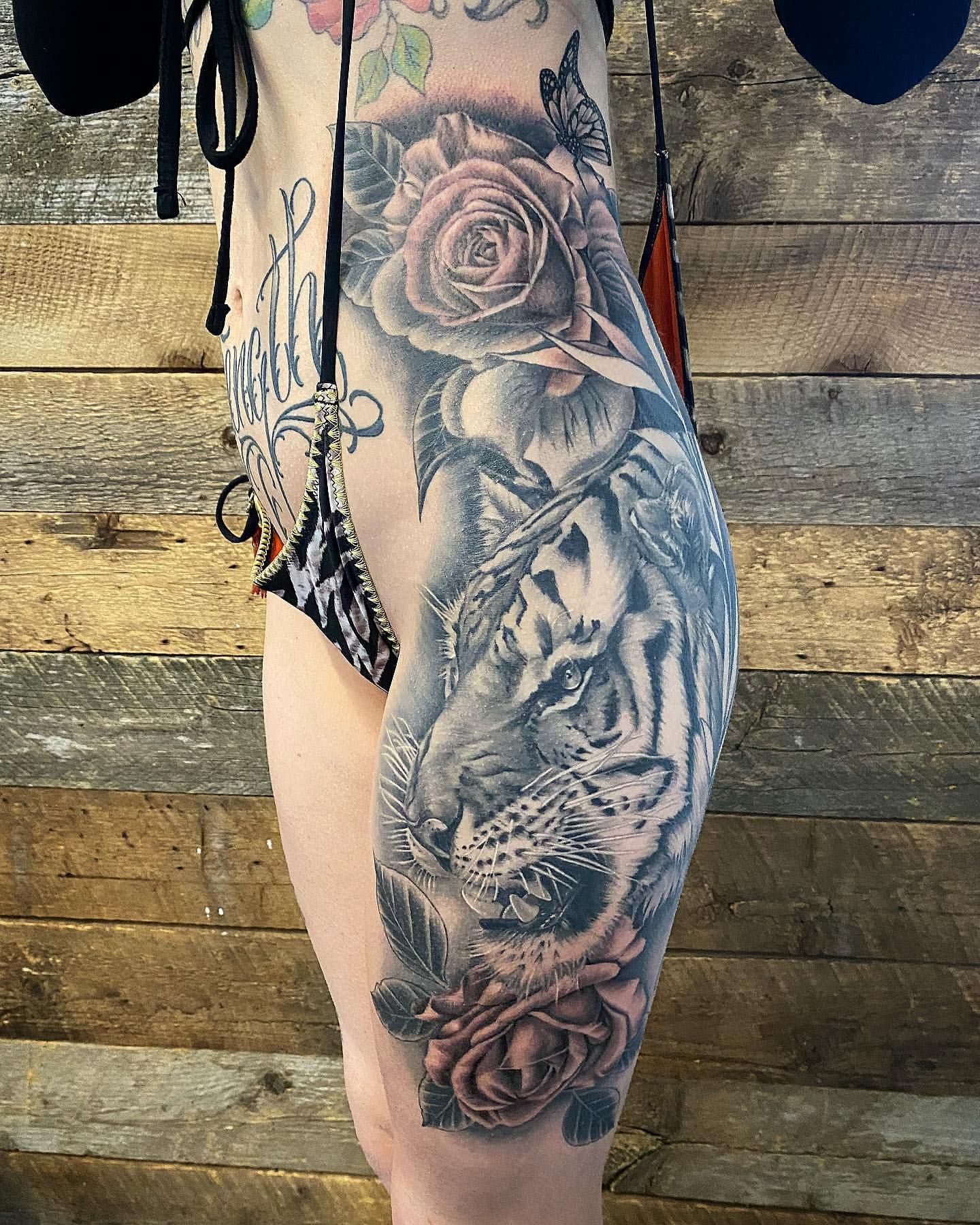 Tiger and Floral Tattoo by Dale Moostoos at Crimson Empire Tattoo in Edmonton Alberta Canada