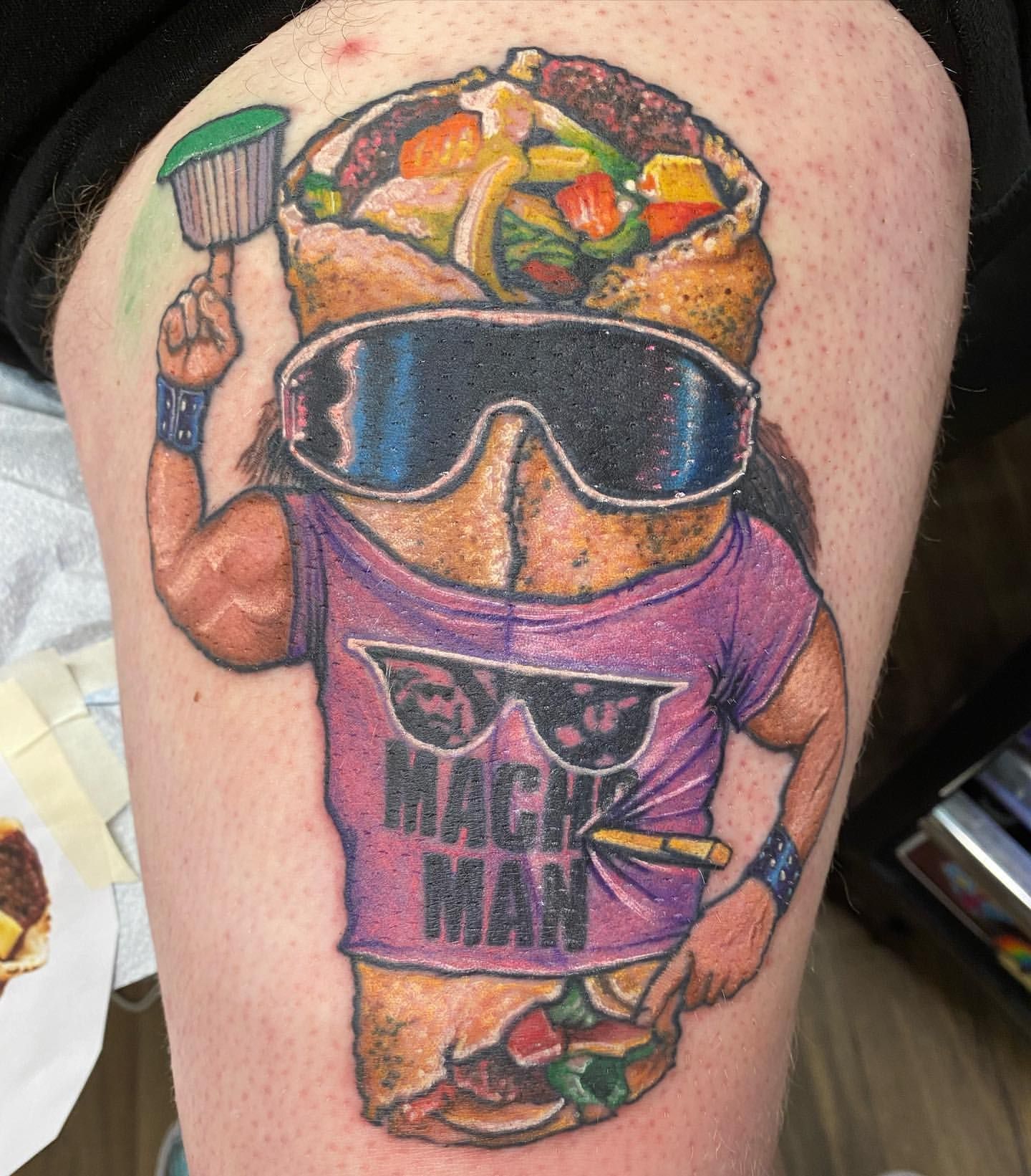 Macho Man Donair Tattoo by Chris Labrenz at Black Gold Tattoo Co in Edmonton Alberta Canada