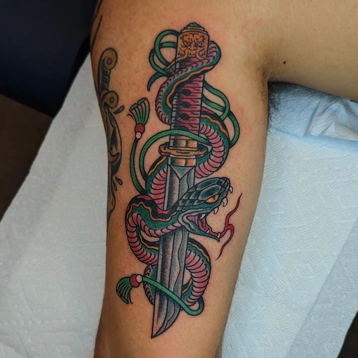 Snake and Dagger Tattoo Chris Benson at Silver Ghost Tattoo in Edmonton Alberta Canada
