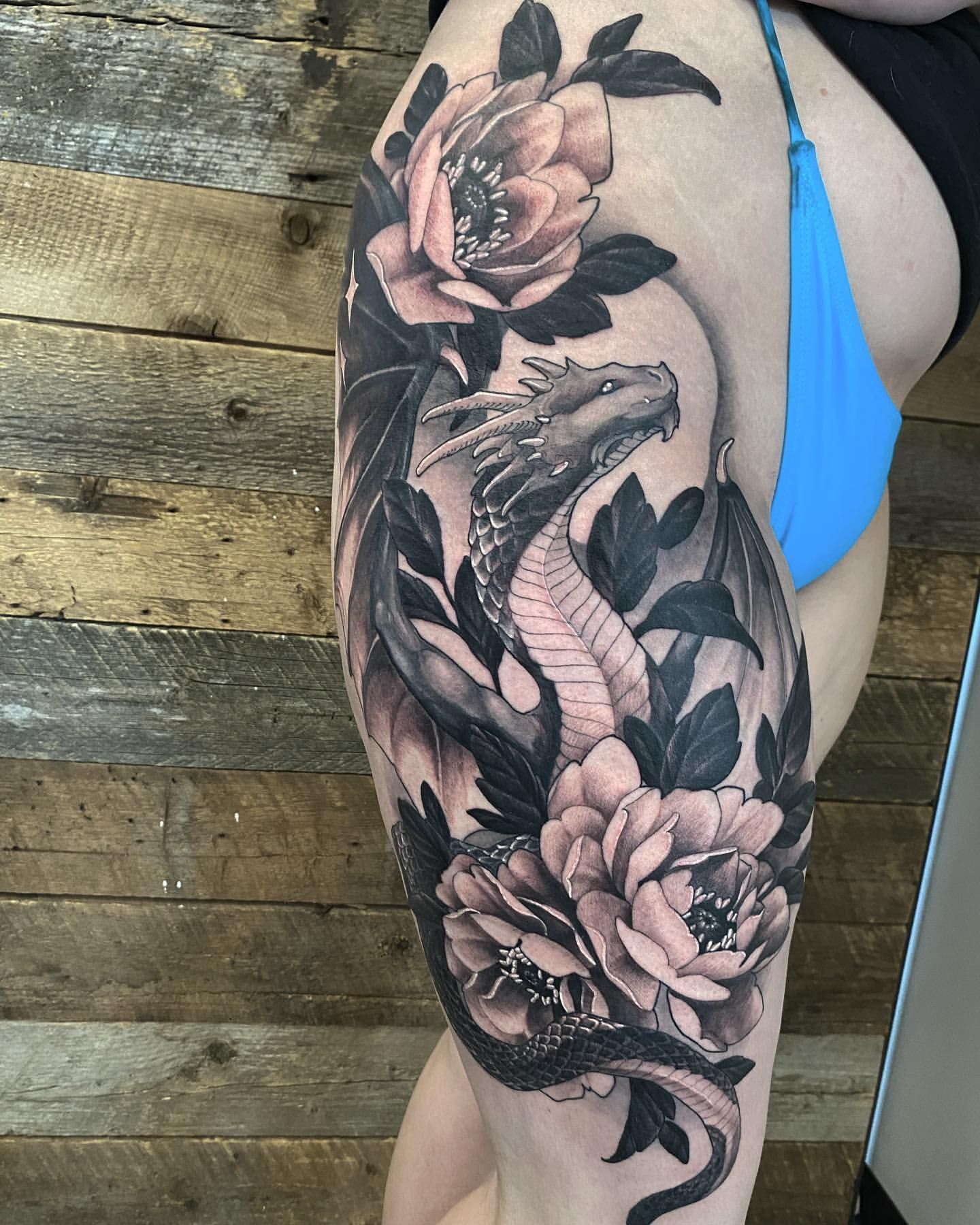 Dragon and Floral Tattoo by Sasha Day at Crimson Empire Tattoo in Edmonton Alberta Canada