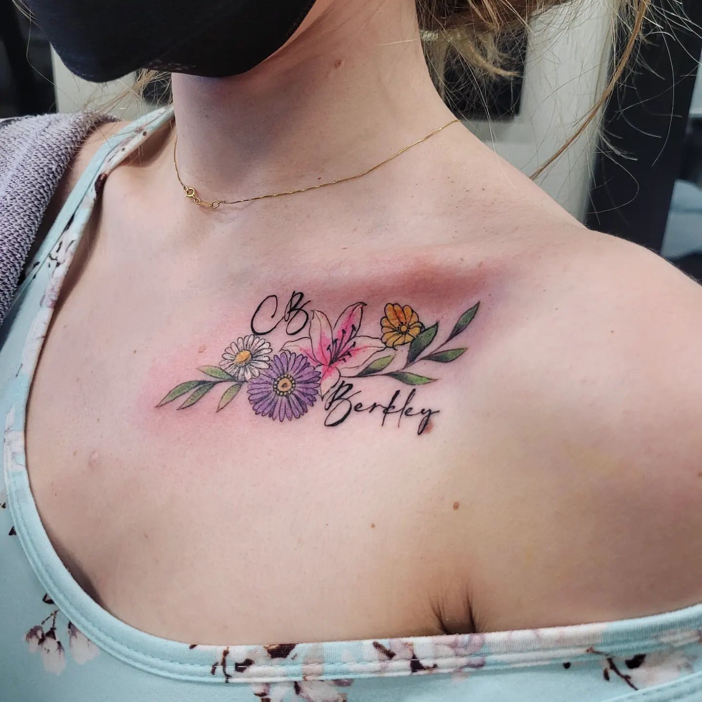 Floral and Script Tattoo by Ian Wang at Black Gold Tattoo Co in Edmonton Alberta Canada