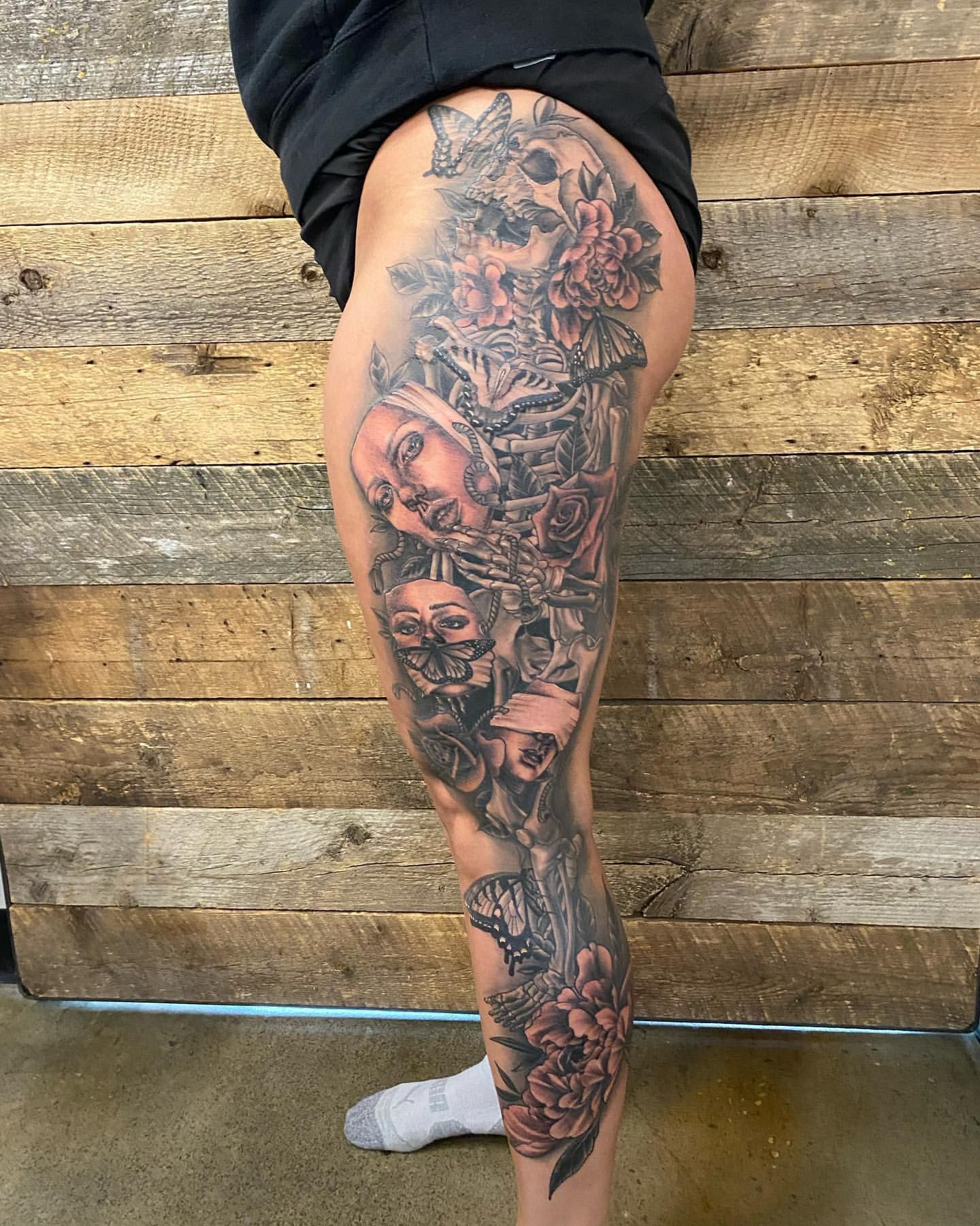 Skeleton and Floral Leg Sleeve by Dale Moostoos at Crimson Empire Tattoo in Edmonton Alberta Canada