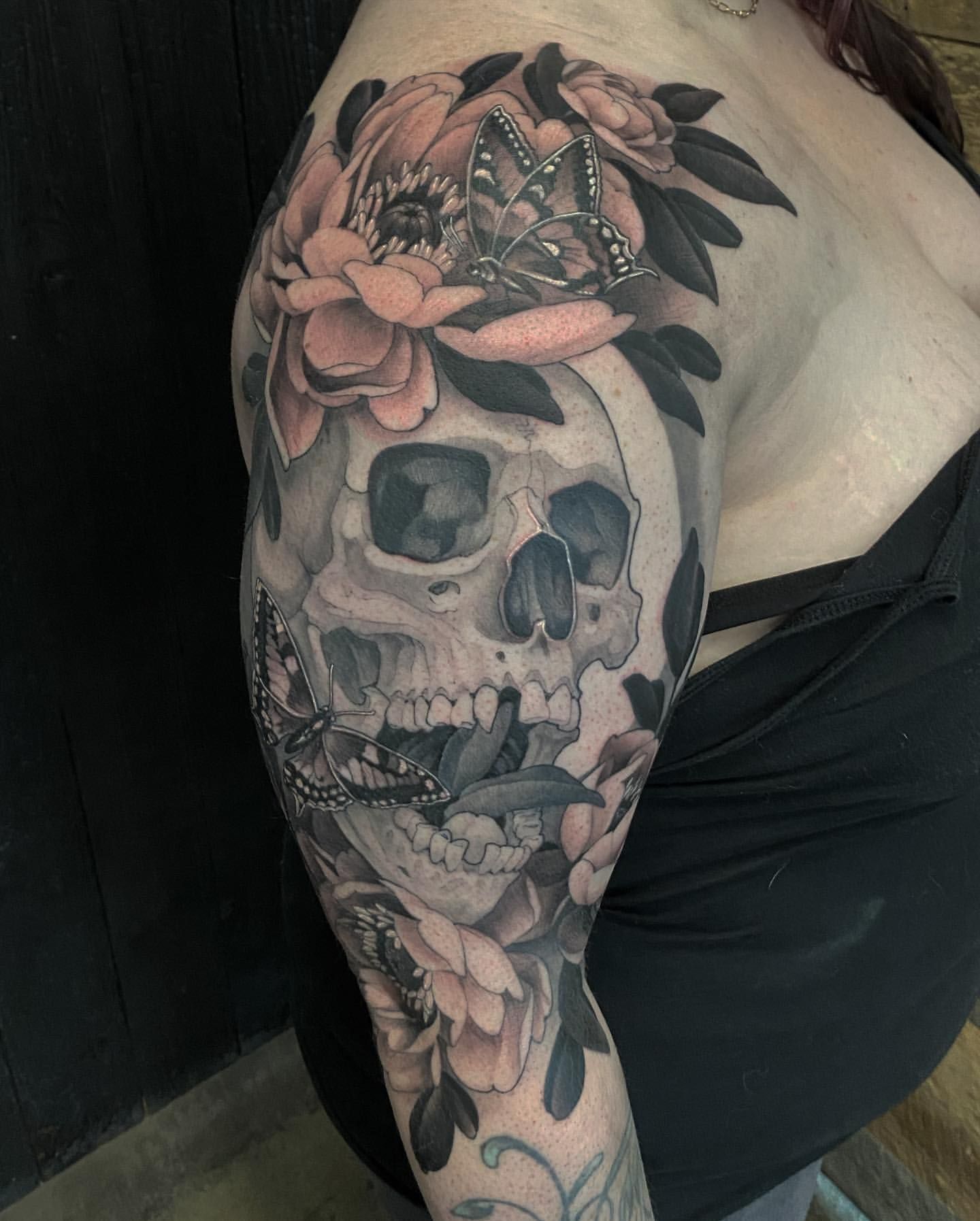 Skull, Floral and Butterfly Tattoo by Sasha Day at Crimson Empire Tattoo in Edmonton Alberta Canada