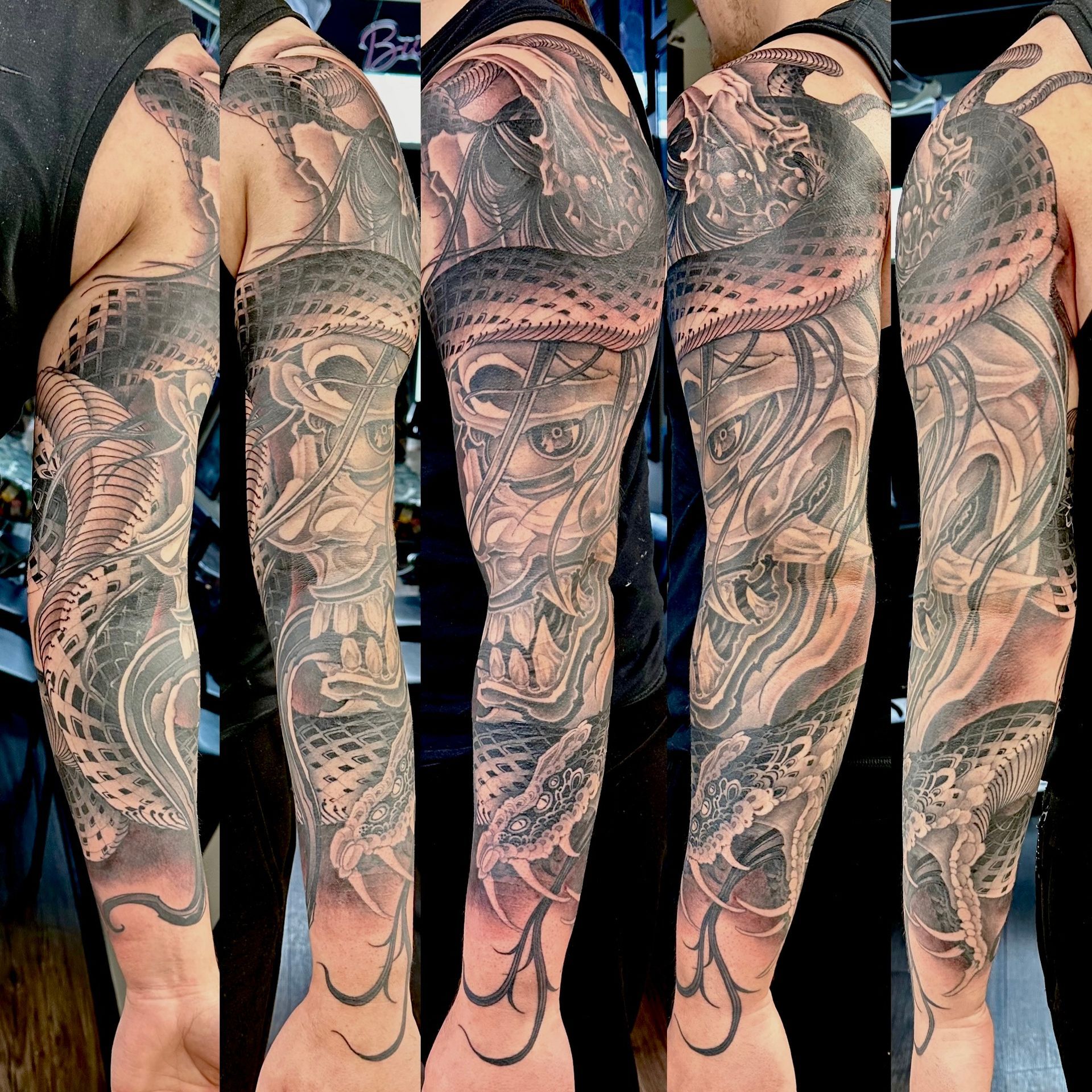 Snake and Hannya Sleeve by Brain Dangerfield at Black Gold Tattoo Co in Edmonton Alberta Canada