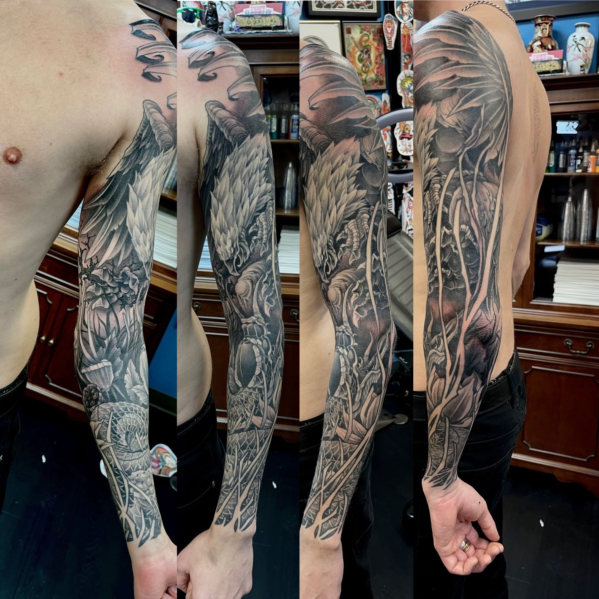 Griffon and Snake Sleeve by Brain Dangerfield at Black Gold Tattoo Co in Edmonton Alberta Canada