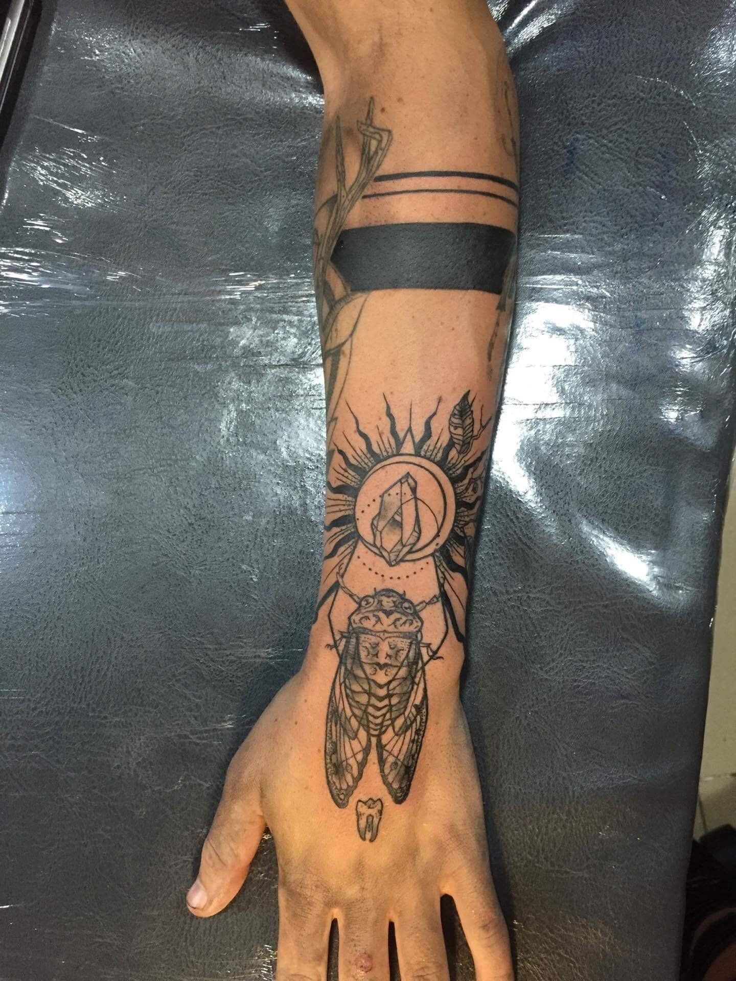 Armband and Fly Hand Tattoo by Amber Strange at Black Gold Tattoo Co in Edmonton Alberta Canada