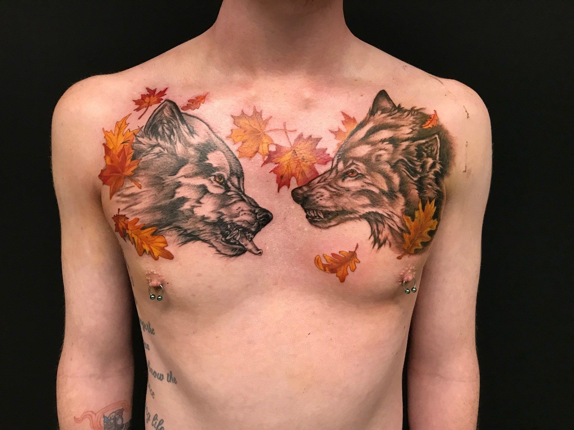 Wolves Chest Piece by Amber Strange at Black Gold Tattoo Co in Edmonton Alberta Canada