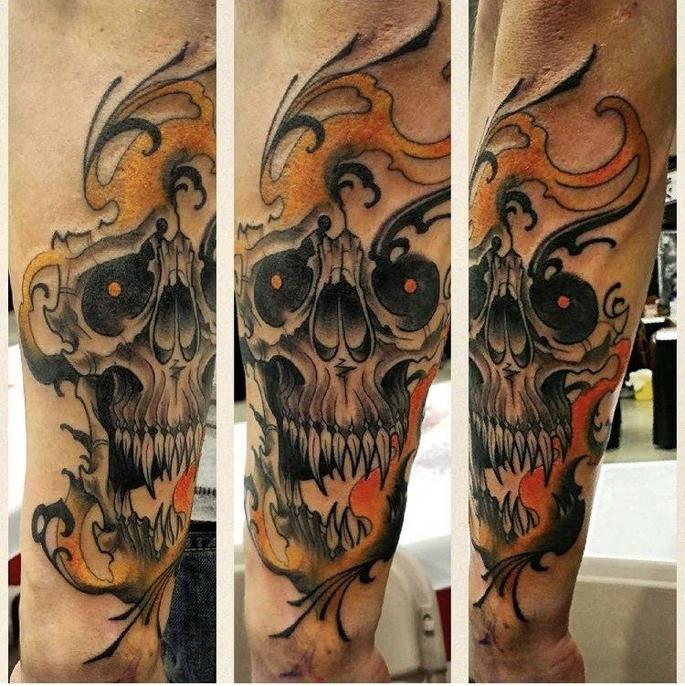 Skull Tattoo by Trevor Pelletier at Black Gold Tattoo Co in Edmonton Alberta Canada