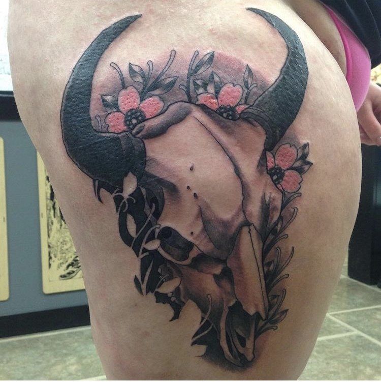 Bison Skull Tattoo by Trevor Pelletier at Black Gold Tattoo Co in Edmonton Alberta Canada