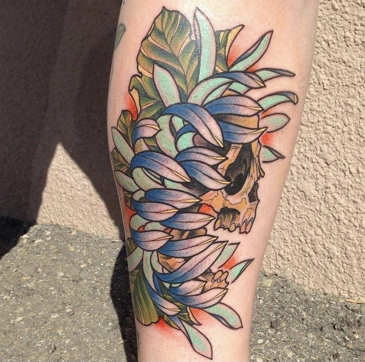 Skull and Floral Tattoo by Trevor Pelletier at Black Gold Tattoo Co in Edmonton Alberta Canada