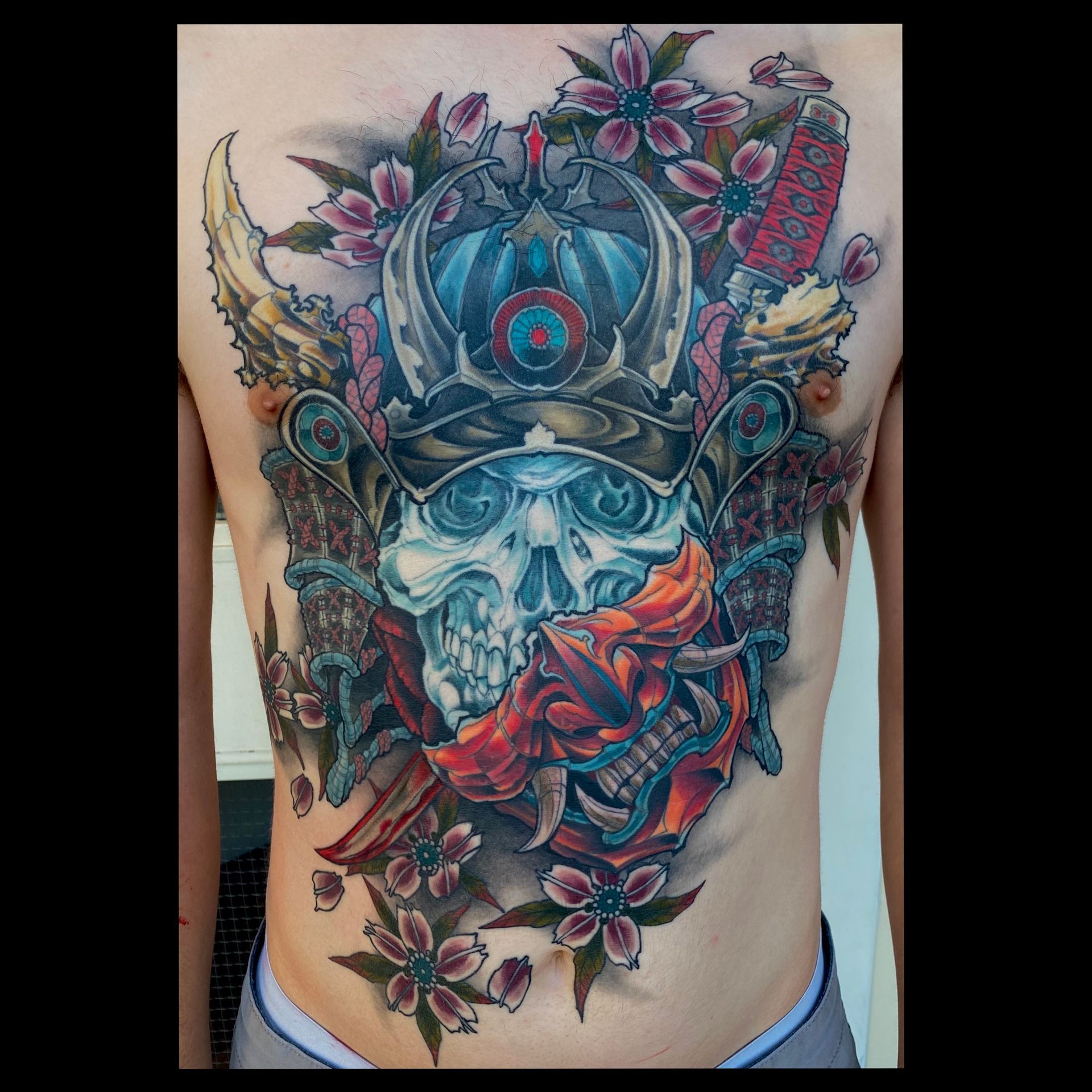 Samurai Full Torso Tattoo by Brain Dangerfield at Black Gold Tattoo Co in Edmonton Alberta Canada