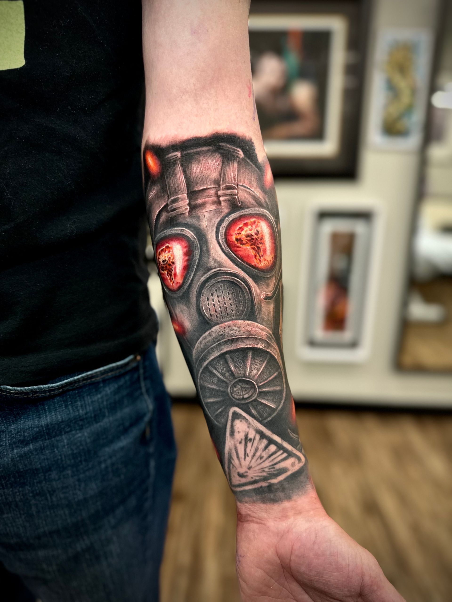 Gas Mask Tattoo by Jackson Sukhov at Black Gold Tattoo Co in Edmonton Alberta Canada