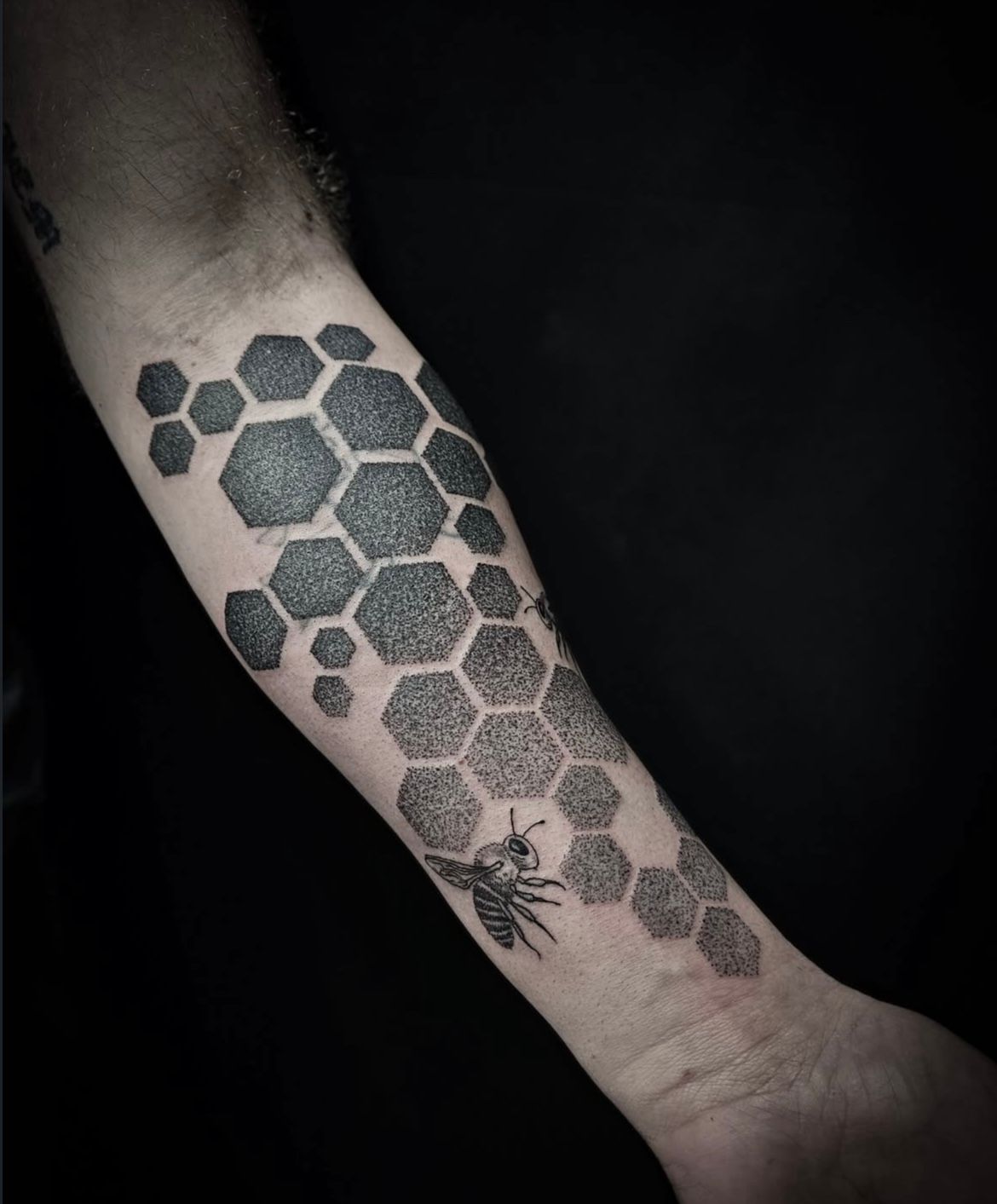 Dotwork Honeycombs Tattoo by Alex Arnautov at Black Gold Tattoo Co in Edmonton Alberta Canada