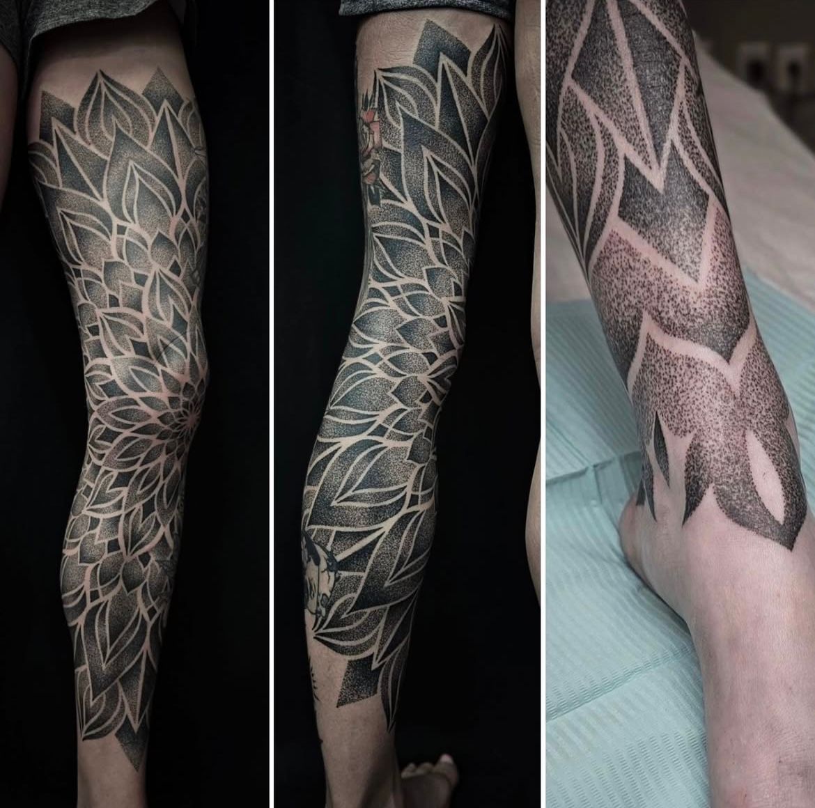Dotwork Mandala Leg Sleeve by Alex Arnautov at Black Gold Tattoo Co in Edmonton Alberta Canada