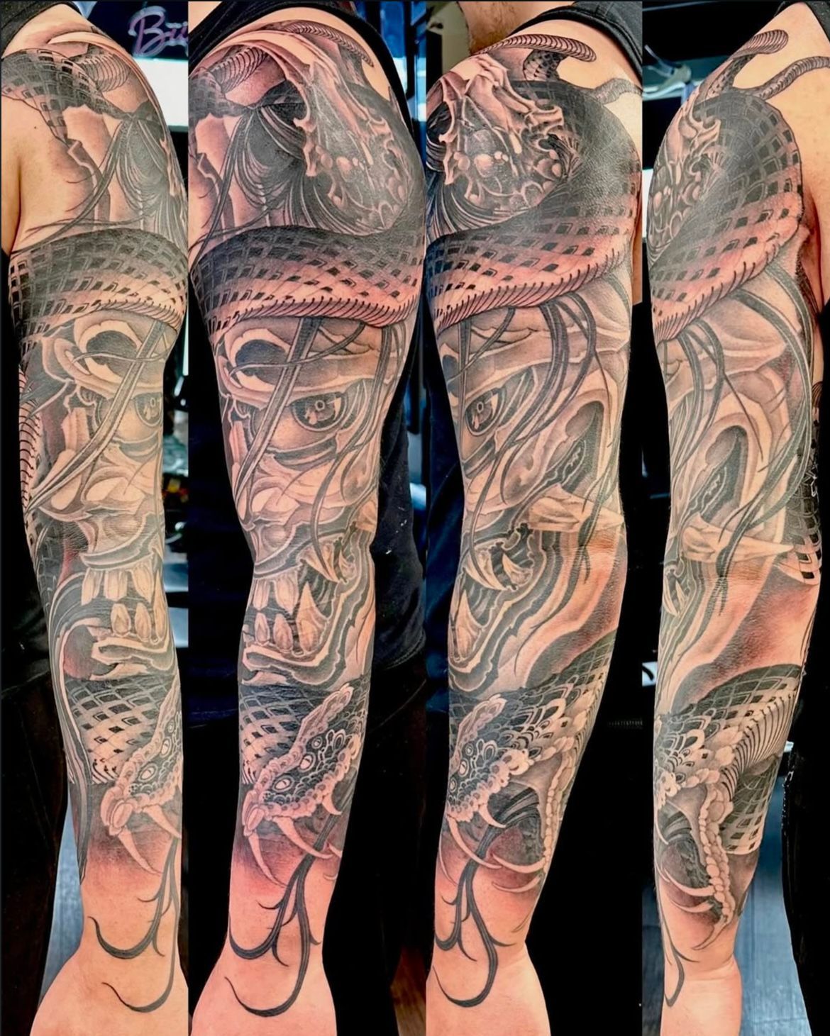 Snake and Hannya Sleeve by Brain Dangerfield at Black Gold Tattoo Co in Edmonton Alberta Canada