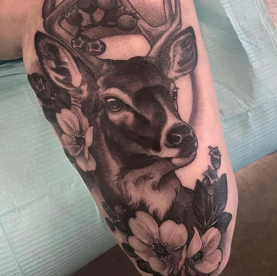 Deer and Floral Tattoo by Sasha Day at Crimson Empire Tattoo in Edmonton Alberta Canada