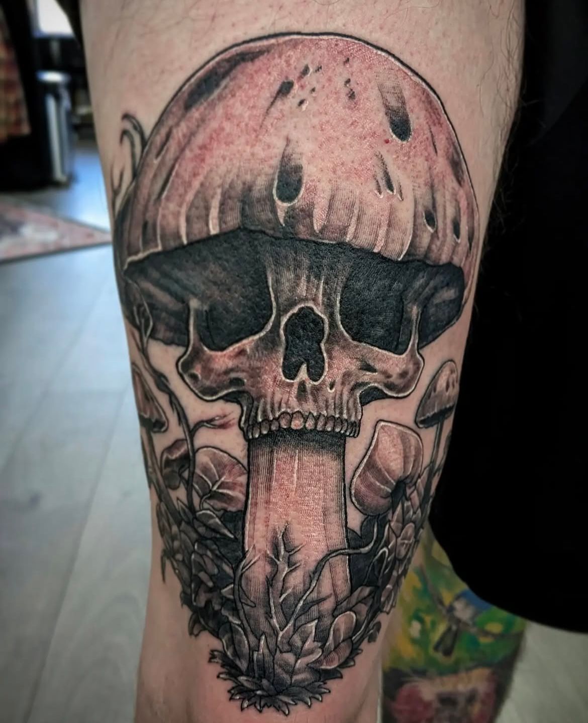 Skull Mushroom Tattoo by Toby Shipman at Silver Ghost Tattoo in Edmonton Alberta Canada