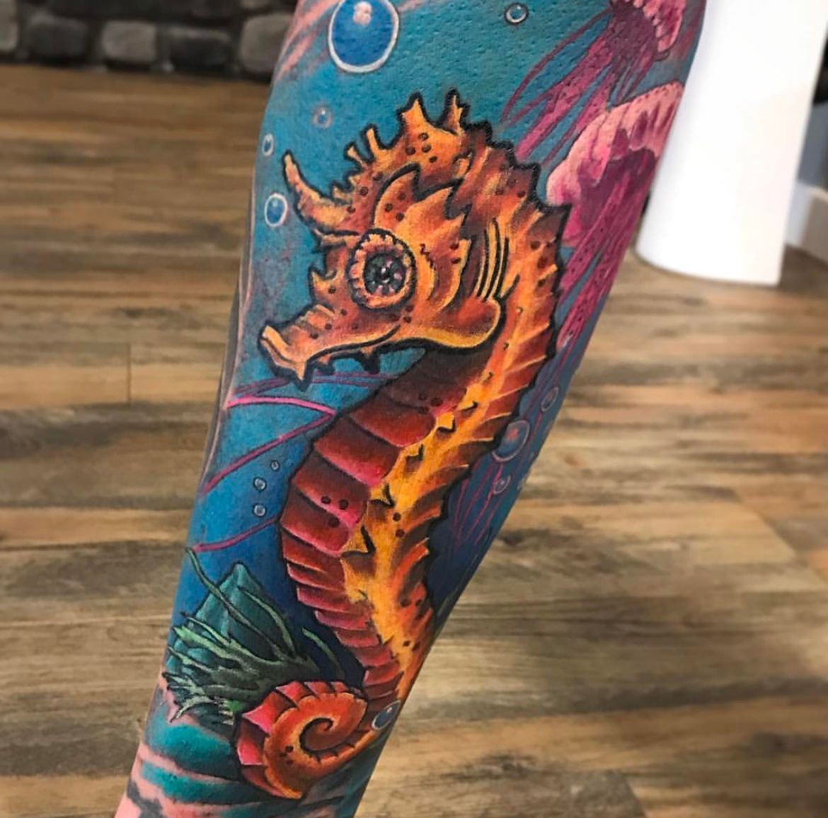 Seahorse Tattoo by Toby Shipman at Silver Ghost Tattoo in Edmonton Alberta Canada