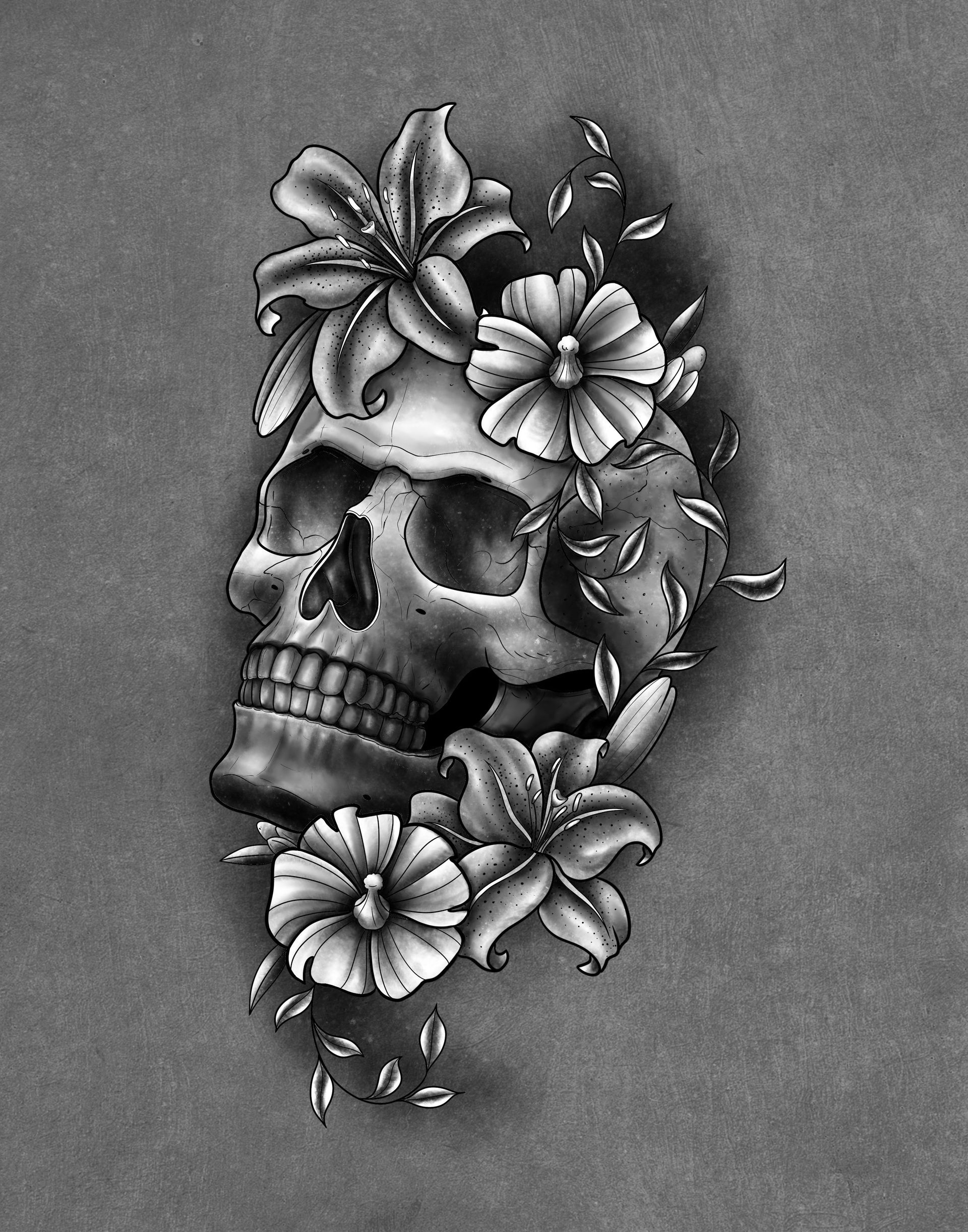 Skull and Floral Flash Design by Samantha Hnatiw at Crimson Empire Tattoo in Edmonton Alberta Canada