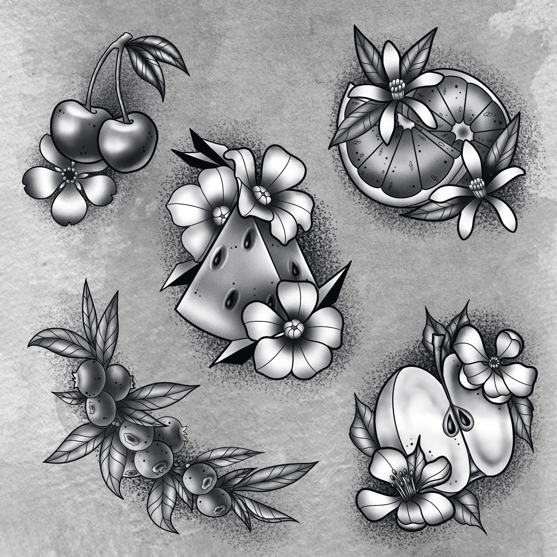 Fruits and Floral Design by Samantha Hnatiw at Crimson Empire Tattoo in Edmonton Alberta Canada