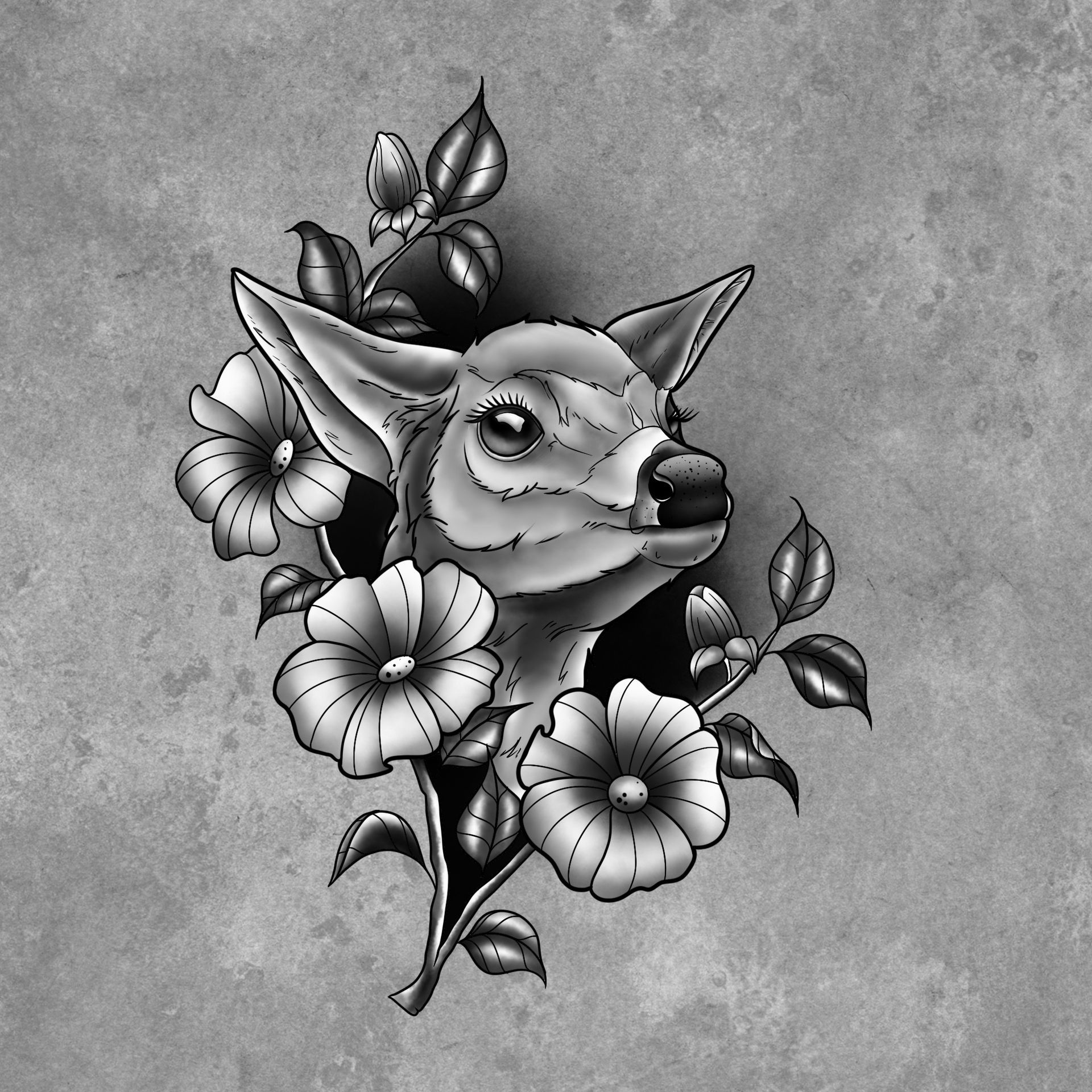 Deer and Floral Flash Design by Samantha Hnatiw at Crimson Empire Tattoo in Edmonton Alberta Canada