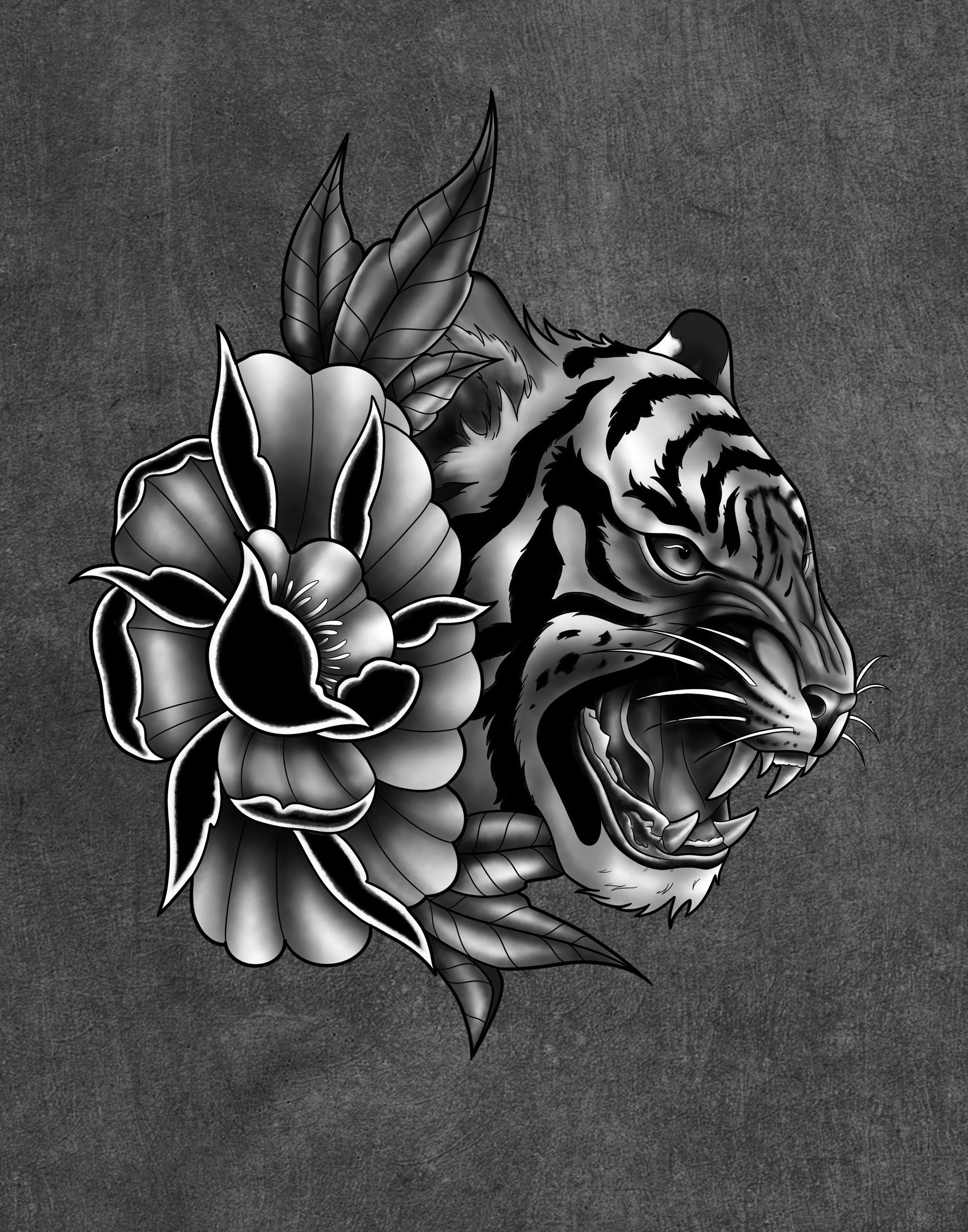 Tiger and Floral Flash Design by Samantha Hnatiw at Crimson Empire Tattoo in Edmonton Alberta Canada