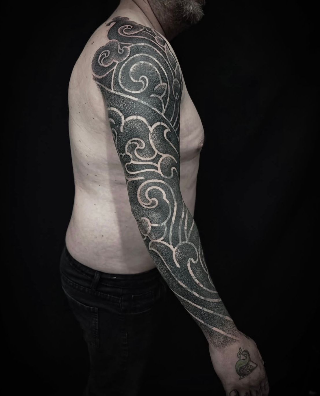 Dotwork Tibetan Cloud Sleeve by Alex Arnautov at Black Gold Tattoo Co in Edmonton Alberta Canada